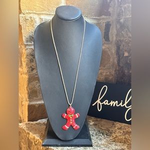 Gold Red Rhinestone Gingerbread Man Necklace